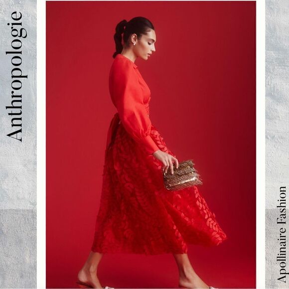 ANTHROPOLOGIE BY SUNDAY IN BROOKLYN DIMENSIONAL LEAF MAXI SKIRT IN RED SIZE 8 - Picture 4 of 6